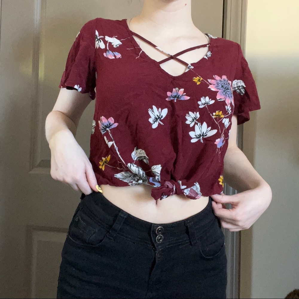 Maroon crop top with flowers